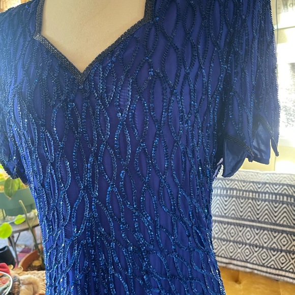 Vintage gatsby style beaded maxi gown 80s laurence kazar Blue 100% Silk dress - Picture 4 of 10